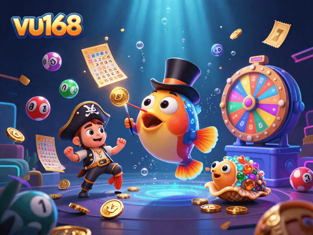 Engage with vu168's thrilling lottery games featuring vibrant 3D underwater characters and dynamic prizes.