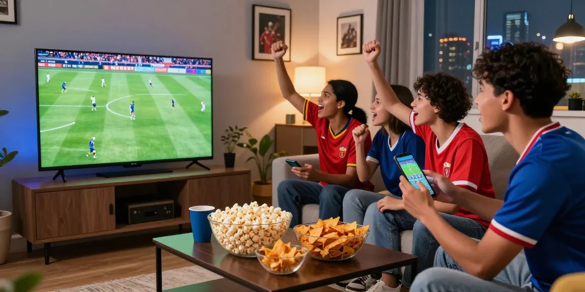 Group of friends enjoying ihdsports live football match in cozy living room with snacks and team jerseys.