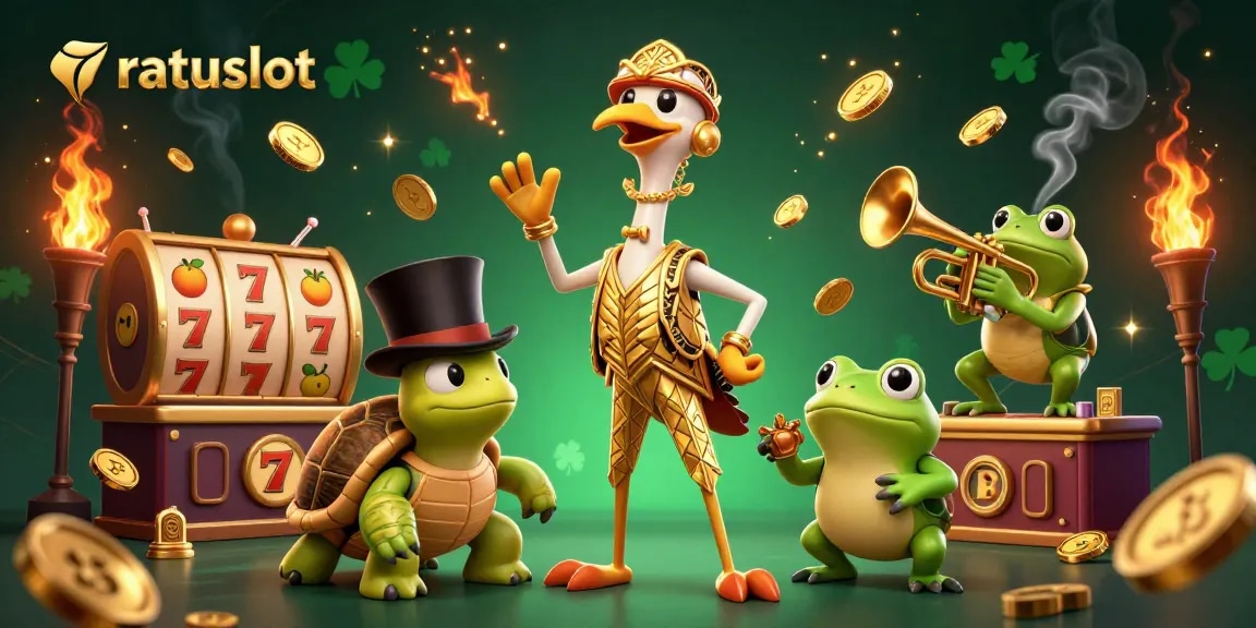 Engage in thrilling gaming with ratuslot's vibrant 3D illustration showcasing lively casino elements.