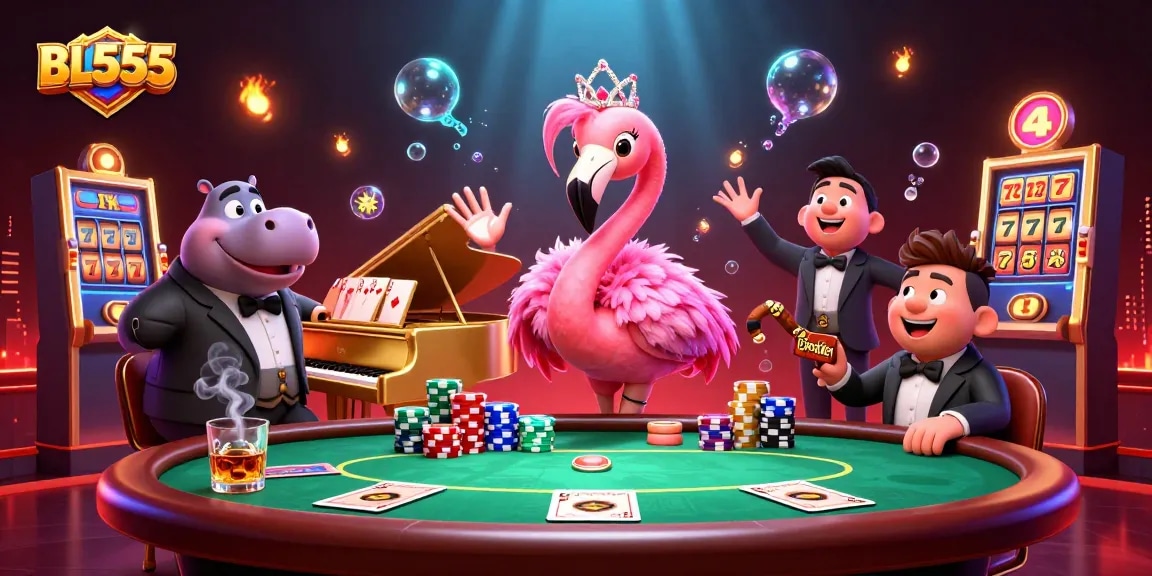 Experience thrilling casino action with BL555's vibrant flamingo singer and hippo bassist in this dynamic illustration.