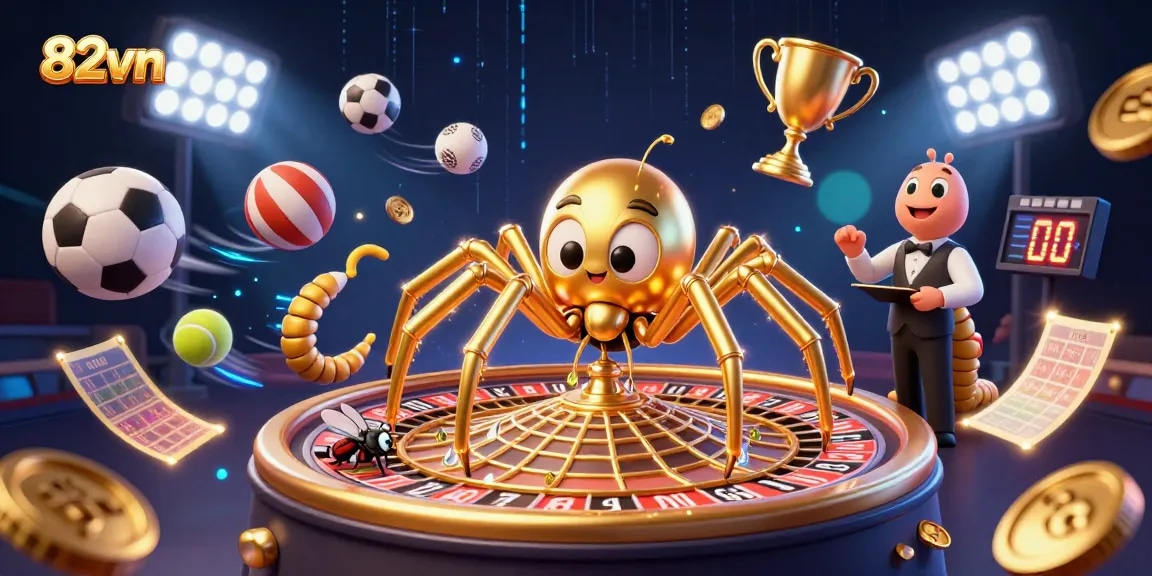 Experience thrilling bets at 82vn with a golden spider spinning a roulette web in an exciting casino scene.