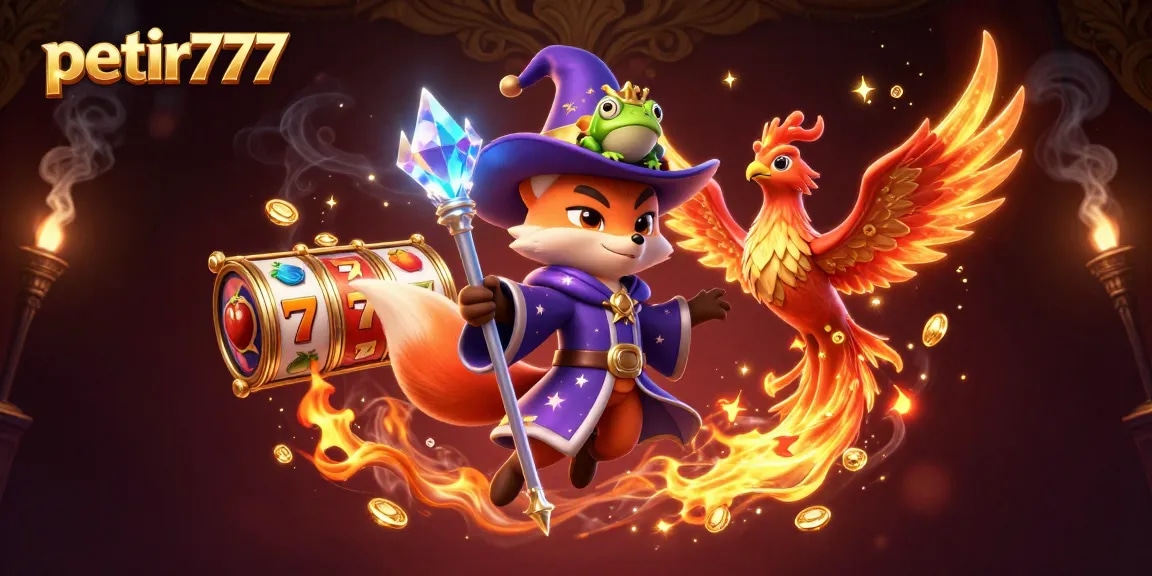Experience thrilling slots with petir777, featuring a mystical fox wizard and vibrant game elements