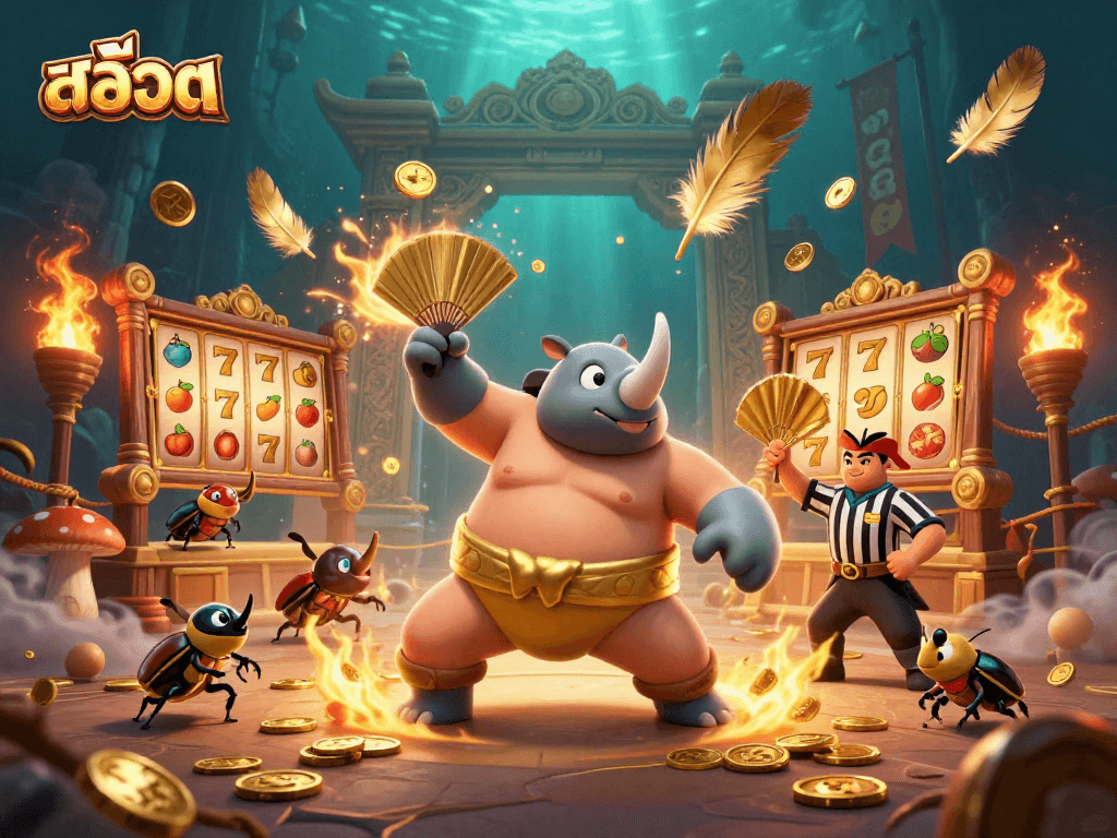Experience the excitement of สล็อต with a vibrant 3D scene featuring beetle champions in action.