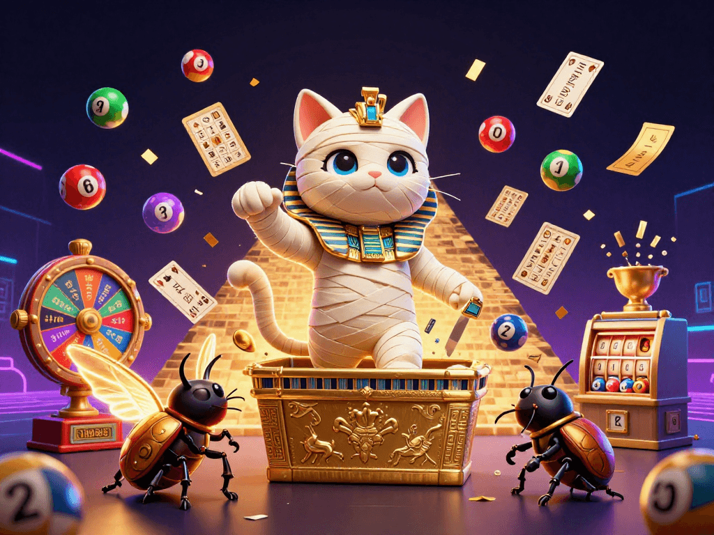 Gambarkan ahha4d dengan kucing mummy Mesir dan elemen kasino yang kaya dalam ilustrasi 3D.