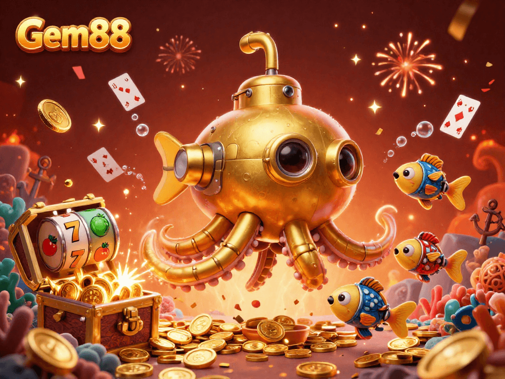 Experience thrilling wins at Gem88 with a vibrant underwater casino adventure featuring golden treasures and dynamic game elements.