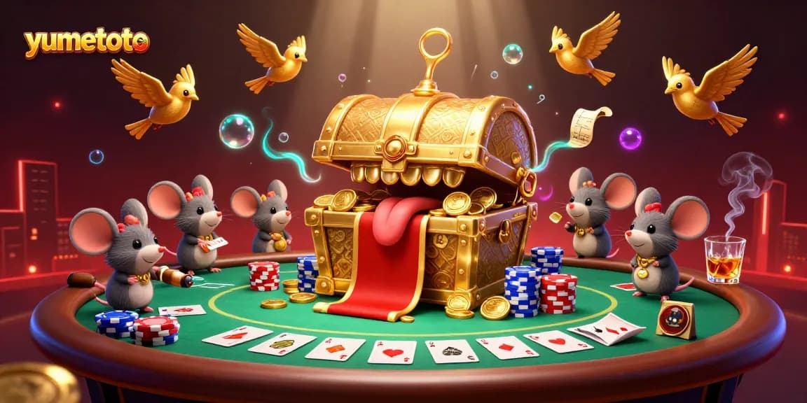 Experience the thrill of yumetoto with a vibrant poker scene featuring treasure chests and sparkling casino elements.