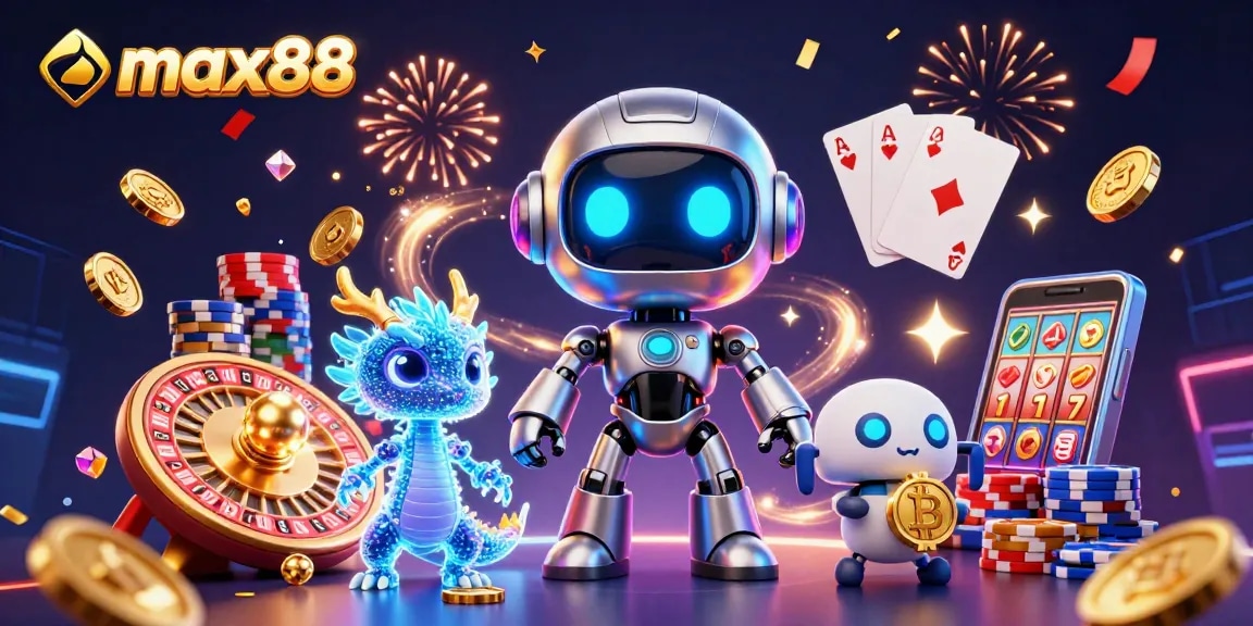Max88 showcases an engaging 3D scene with a cyberpunk robot, NFT dragon, and bitcoin drone amidst cascading coins.