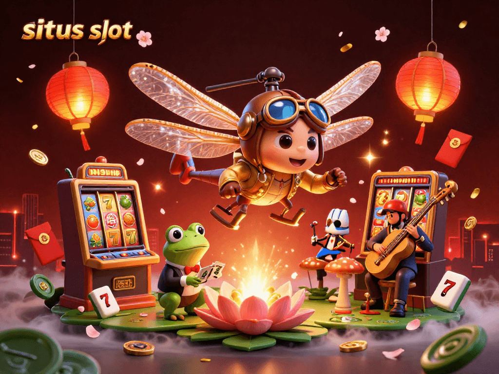 Menangkan permainan di situs slot dengan visual naga terbang dan dealer kartu.