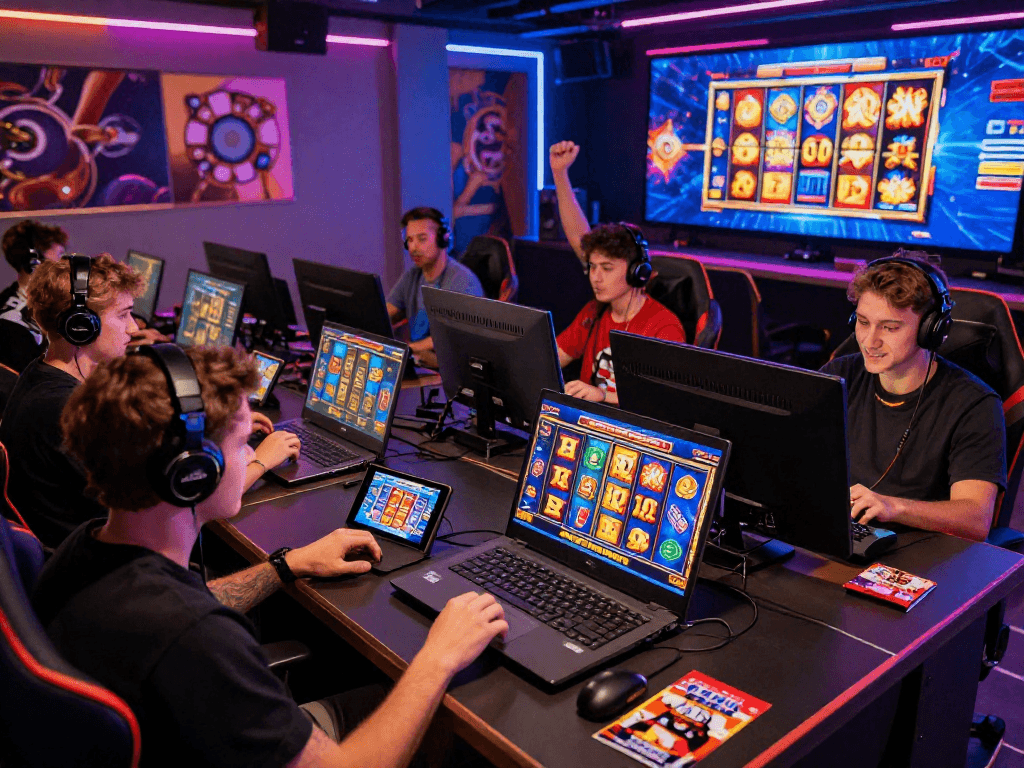GARUDA55 online players celebrating big wins in an energetic gaming lounge filled with vibrant lights and slot machines.