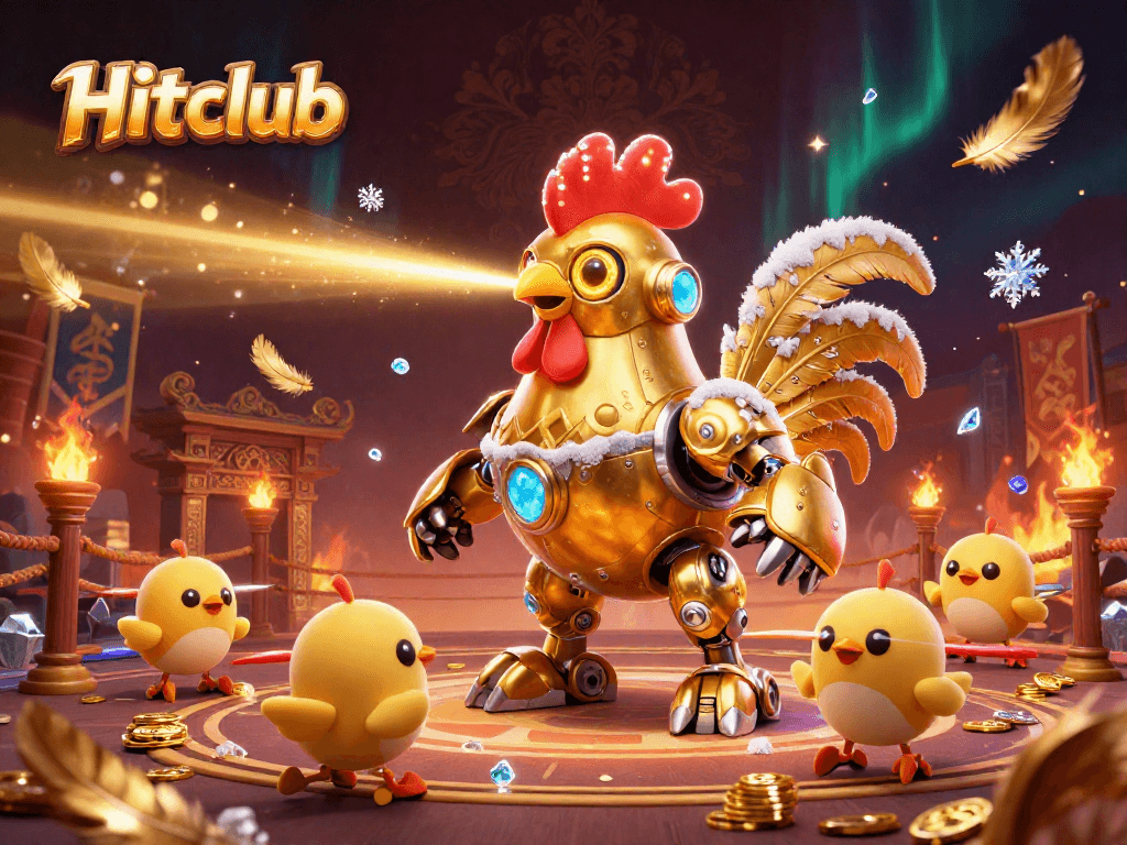 Hitclub's golden rooster robot shoots laser beams in an impressive casino-themed 3D scene.