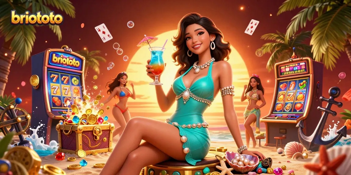 Briototo showcases a stunning scene with an Asian woman at a beach casino, vibrant slot machines, and dynamic gambling elements.