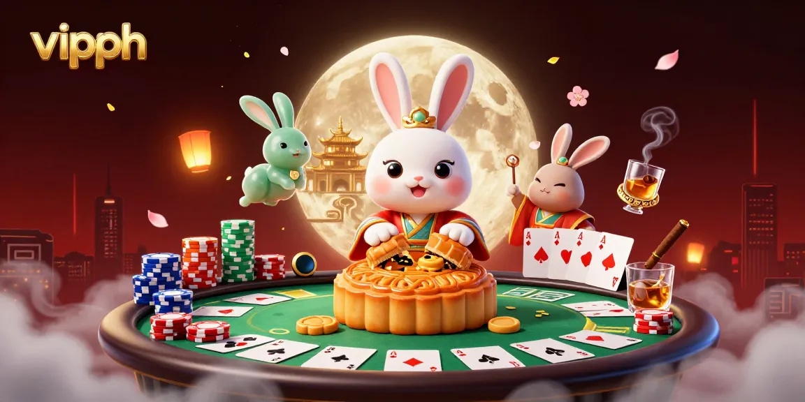 Experience VIPPH's vibrant casino world with a moon rabbit and jade companion in a festive gambling scene.
