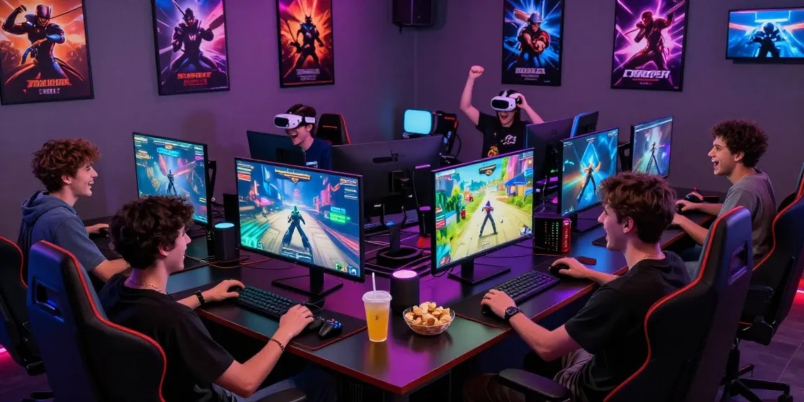 Friends enjoying games at a hit club in a vibrant gaming lounge