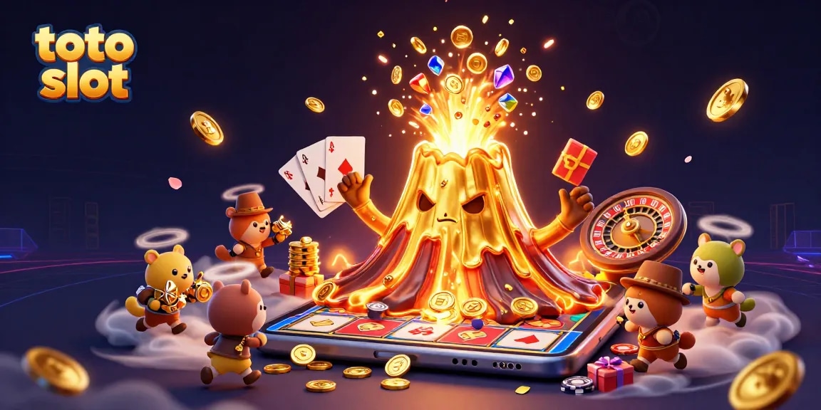 Toto slot gamification illustrated with erupting golden volcano treasures and lively gaming elements.