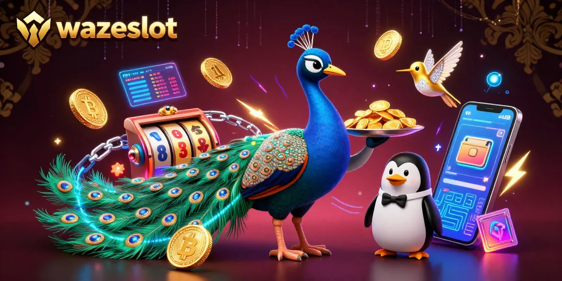 Engage with WAZESLOT's vibrant gaming universe featuring an aristocratic peacock and golden chips.