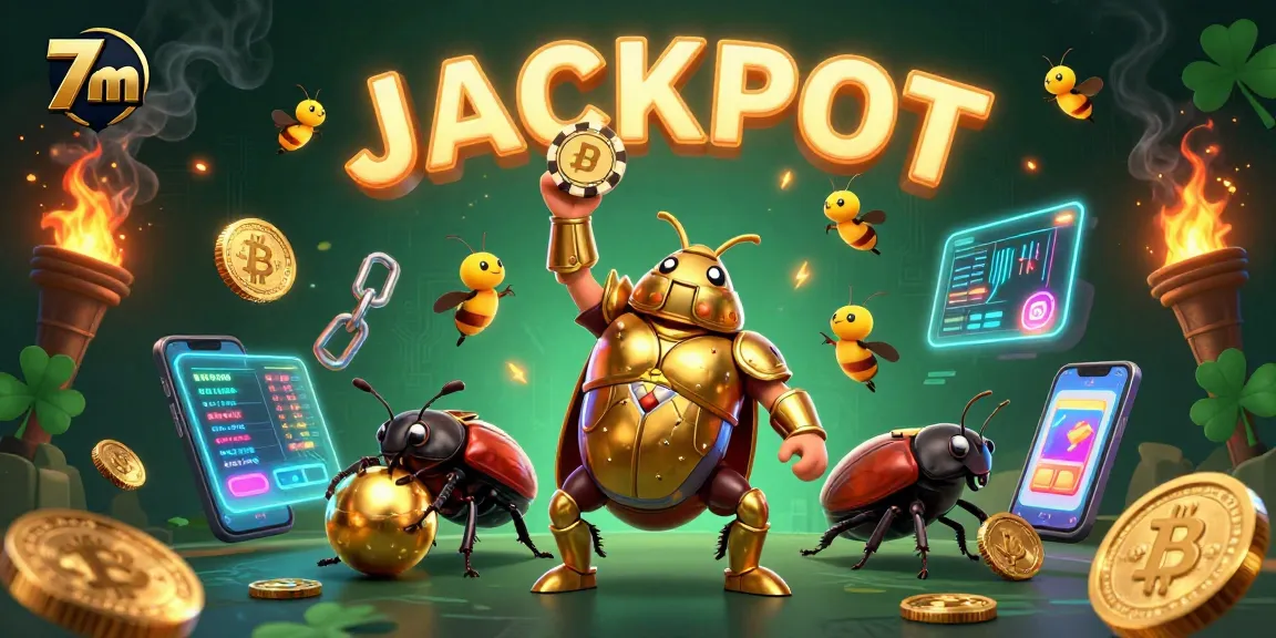 Experience the thrilling action of 7m as beetles celebrate a jackpot win surrounded by crypto elements.