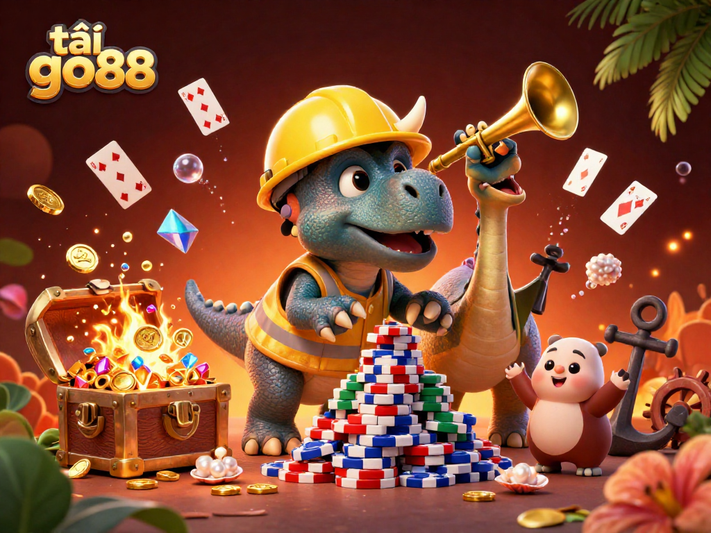 Celebrate and tải go88 for a thrilling gaming experience with lively cartoon characters in a vibrant casino scene.