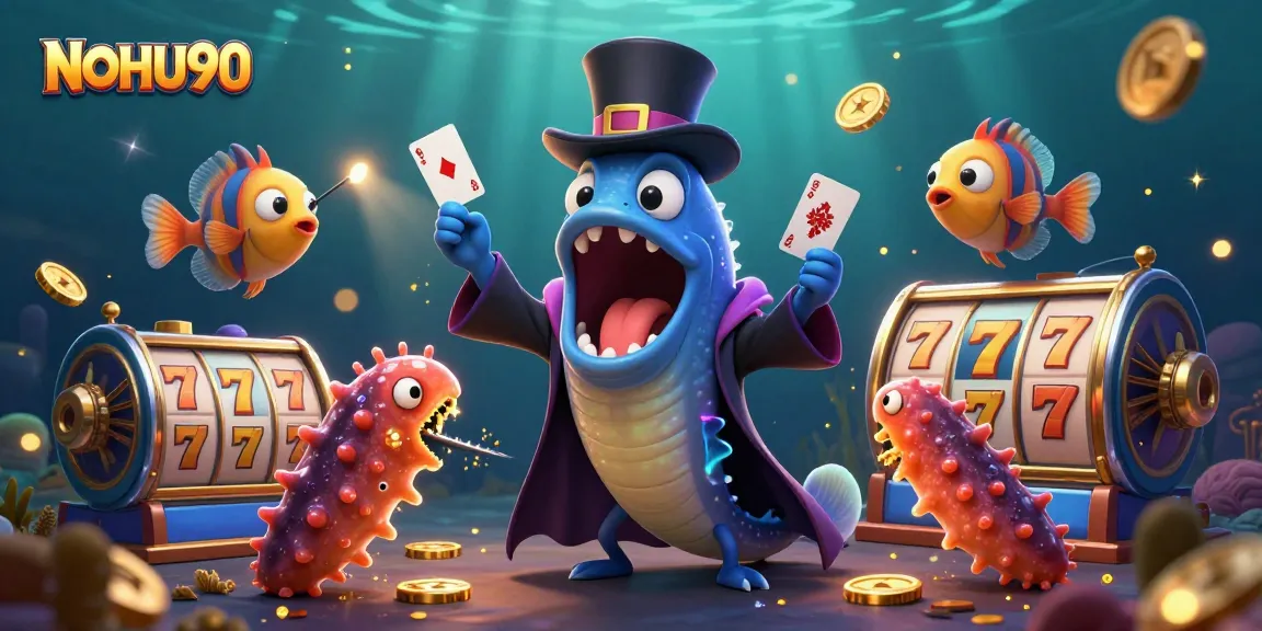Witness NOHU90's thrilling magic show with vibrant slot elements and 3D animated characters in action.