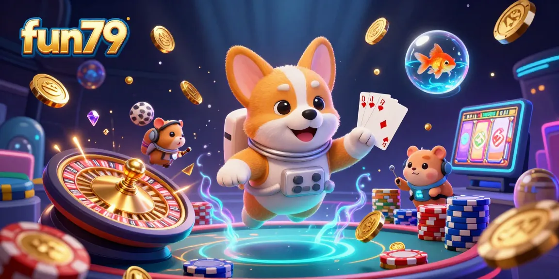 Experience the excitement at fun79 with a 3D scene of an astronaut corgi while games unfold in a thrilling casino.