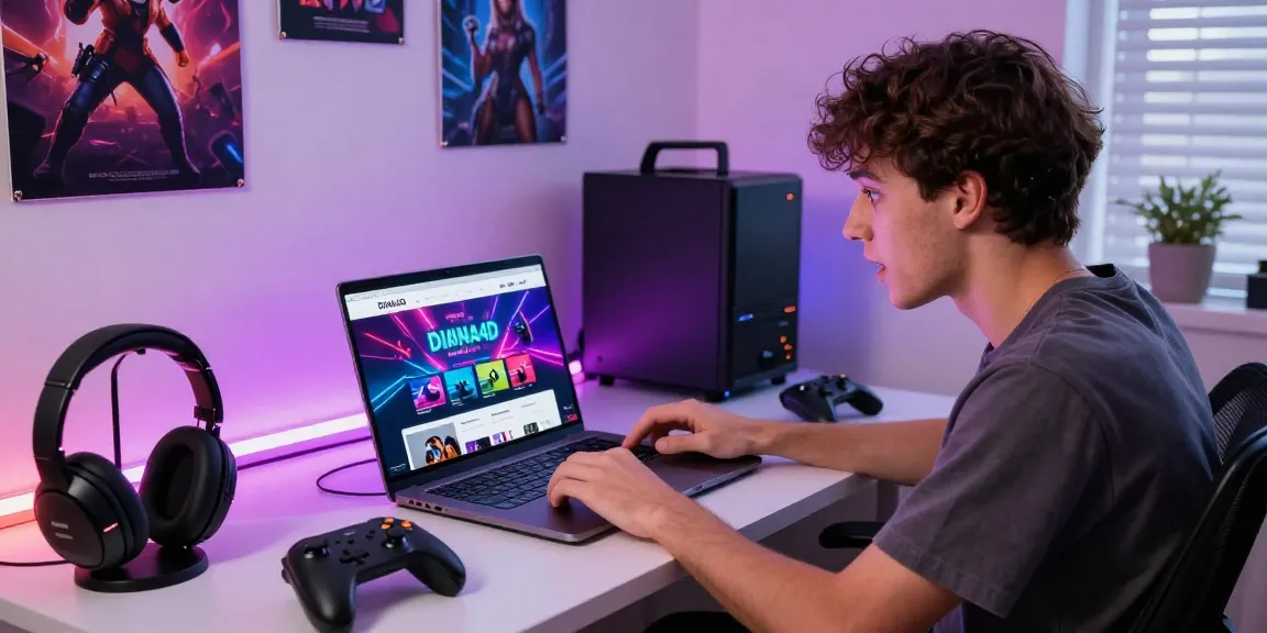 Belanja online di Diana4D dengan grafik permainan yang menarik di layar laptop dan merchandise game di sekelilingnya.