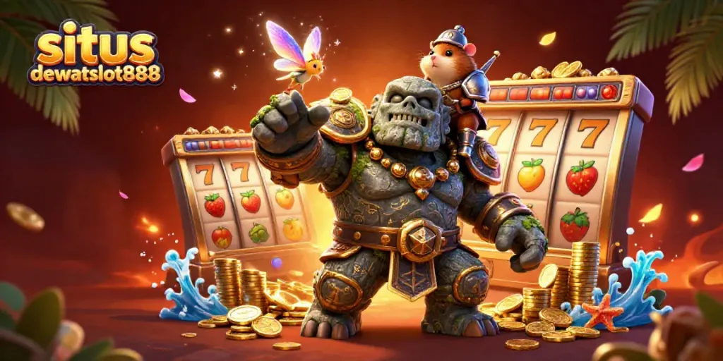 Gambarkan situs dewataslot888 dengan golem penjaga dan kekayaan slot dalam suasana magis.