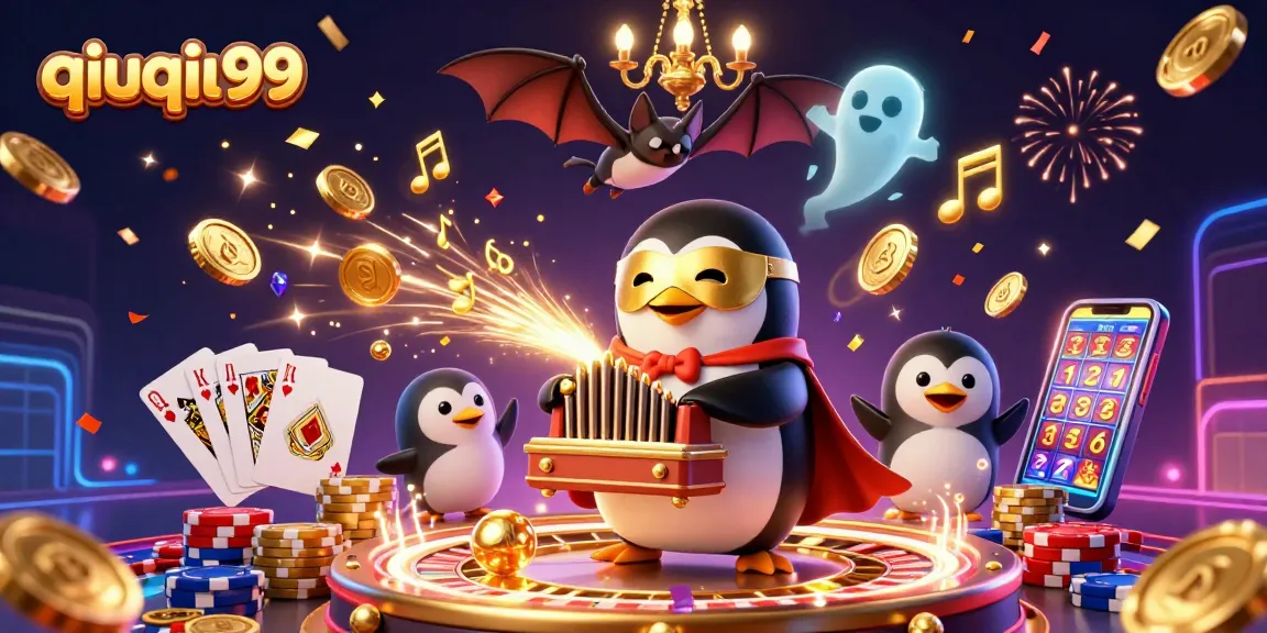 Engage with qiuqiu99's dynamic casino entertainment featuring a vibrant 3D scene of games and characters.