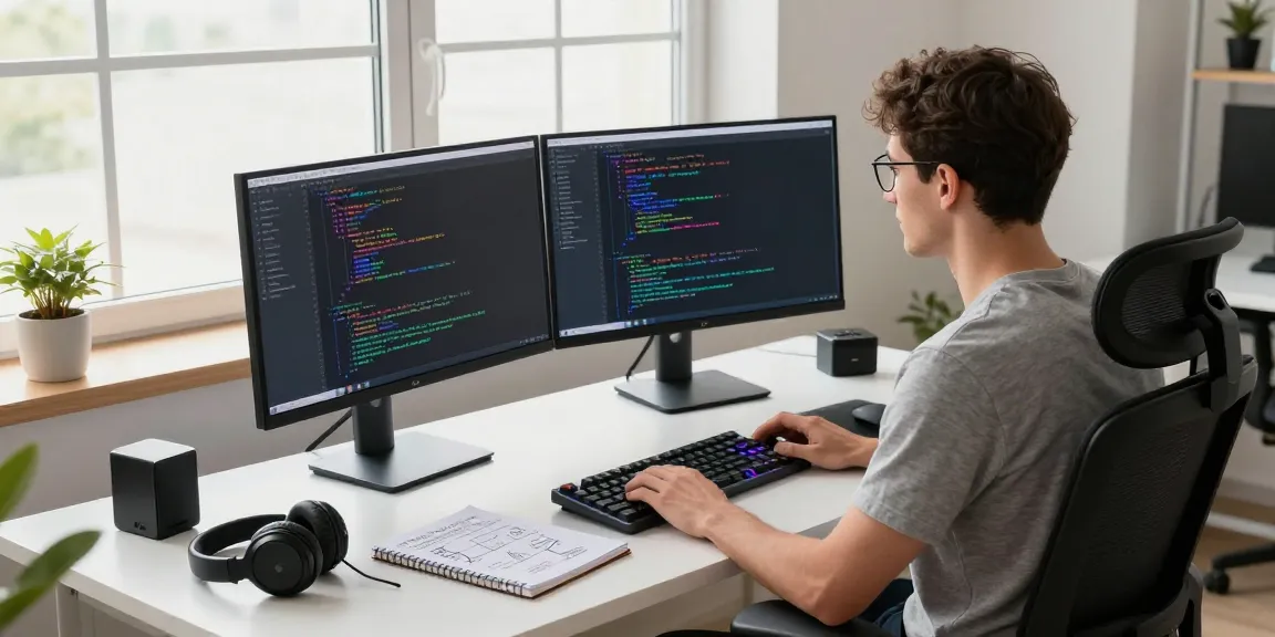 AI chatbot developer coding on dual monitors in a modern workspace.
