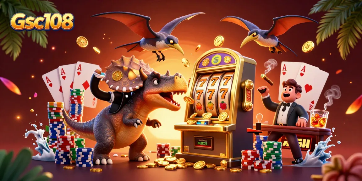 Gsc108 memimpin jackpot slot dengan dinosaurus 3D di kasino, menarik perhatian penonton.