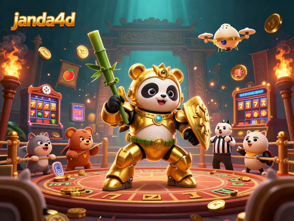 Janda4D menghadirkan suasana kasino yang semarak dengan panda emas dalam pertempuran robot.