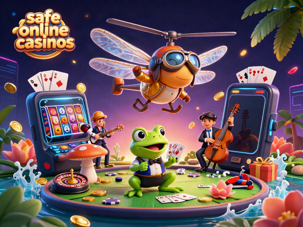 Experience vibrant safe online casinos with a dragonfly pilot and frog croupier in action.