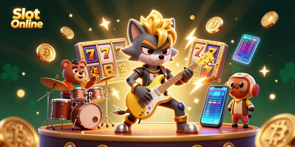 Spin and win with Slot Online in this vibrant 3D illustration showcasing dynamic characters and slot elements.