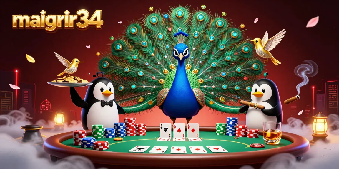 Jouez sur maigrir34 avec une illustration vivante d’un paon aristocratique et un pingouin serveur.