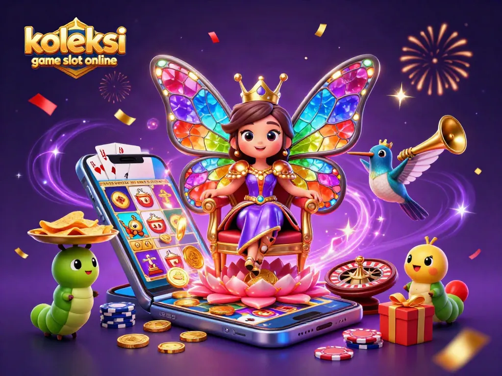 Koleksi game slot online yang penuh warna menampilkan ratu kupu-kupu 3D di atas tahta bunga dengan pelayan dan elemen permainan kasino.