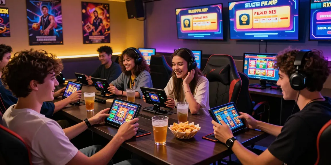 Engaged friends playing the Slots PK APK app at a vibrant gaming lounge, showcasing https://slotspk.com.pk/ features and excitement.