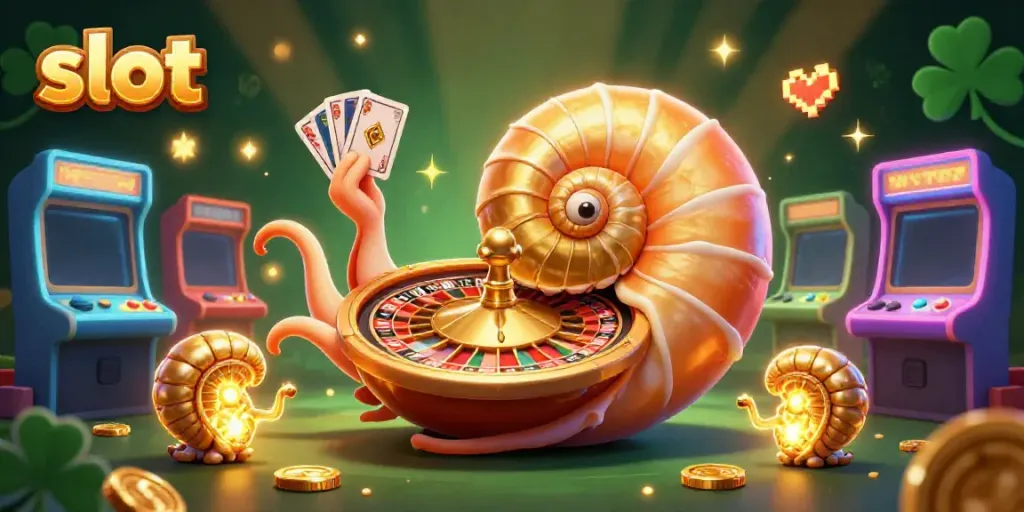 Engage with exciting slot action featuring a giant nautilus roulette wheel surrounded by colorful game elements.