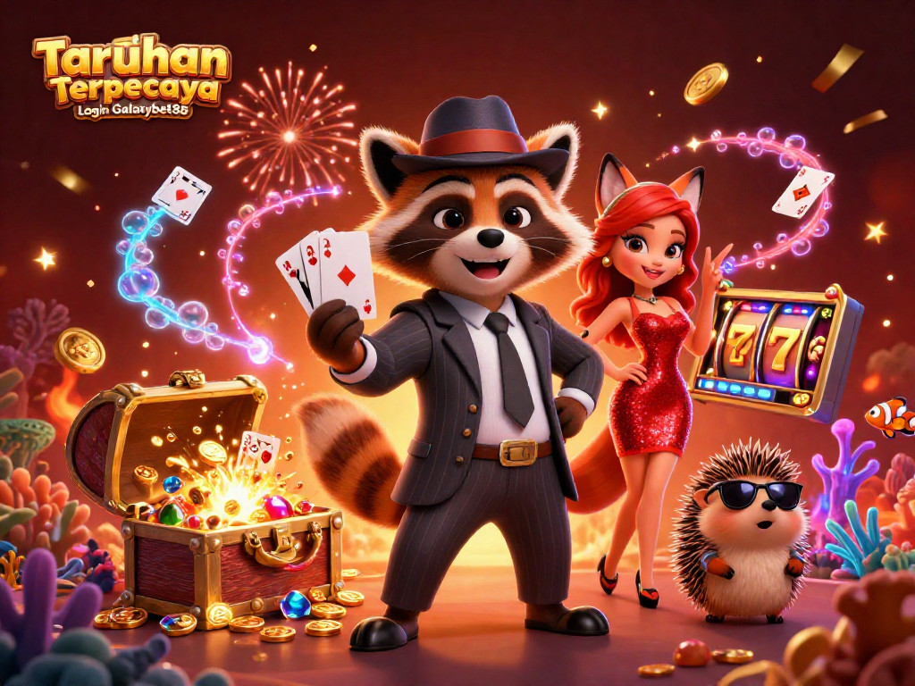 Experience excitement with Taruhan Terpercaya Login Galaxybet88 featuring a raccoon and fox in a dynamic casino scene.