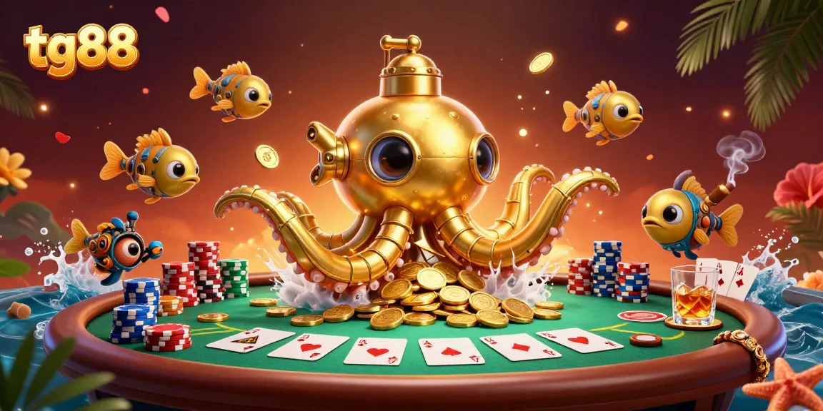 Engage in thrilling games at tg88 with a vibrant underwater casino scene featuring poker elements.