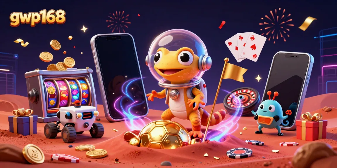 GWP168: Gecko luar angkasa seru merayakan kemenangan casino dengan hadiah memuaskan.