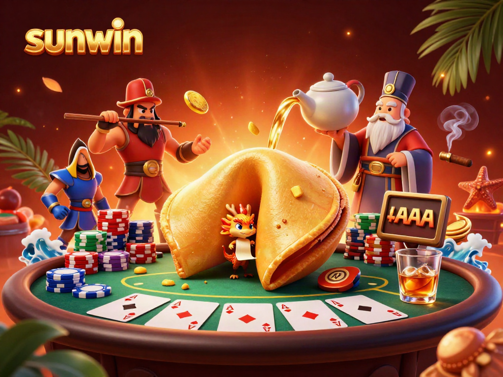 Experience thrilling gameplay adventures with sunwin at a vibrant casino scene featuring a golden fortune cookie and poker elements.