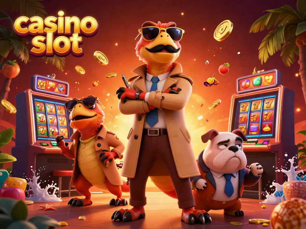 Dynamic scene of three raptors in a trench coat attempting to enter a VIP casino lounge, showcasing a vibrant casino slot experience.