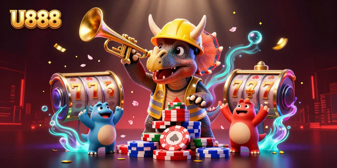 Engage with U888 casino excitement as dinosaurs celebrate big wins surrounded by spinning slot reels.