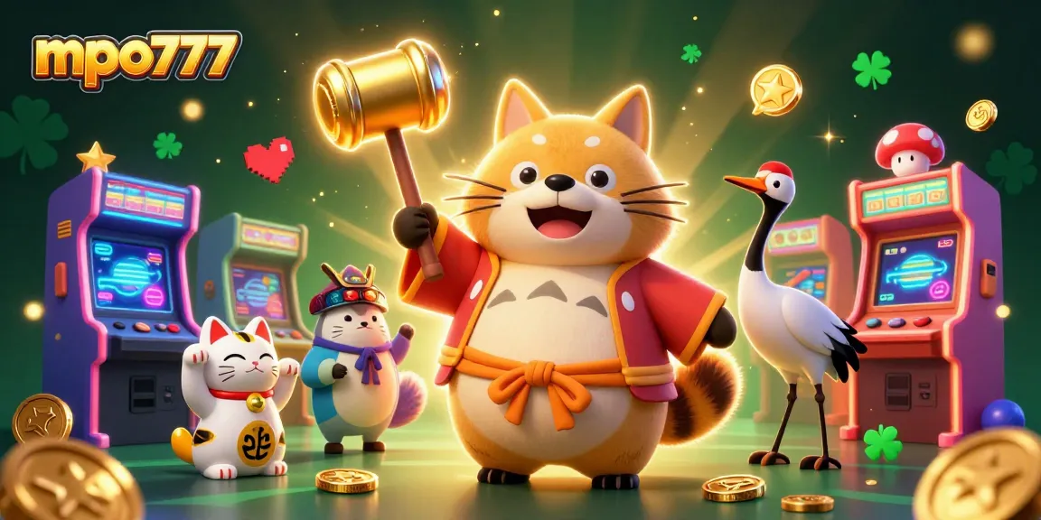 Mpo777 showcases energetic casino vibe with cheerful tanuki, vibrant arcade elements, and good fortune symbols.