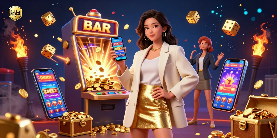 Kdslot promotion showcasing a friendly Asian woman with a sports betting app amid vibrant casino scenes filled with jackpots and game elements.