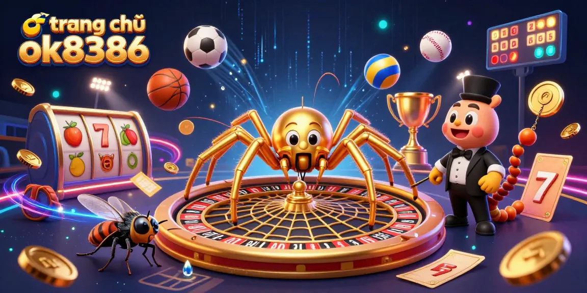 Experience the thrill of gambling at trang chủ ok8386 with a vibrant 3D illustration of a spider, a fly, and a centipede in a casino setting.