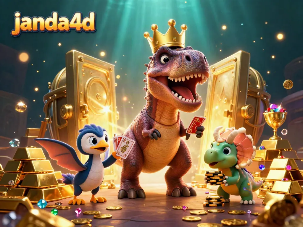 Menggali kesenangan permainan JANDA4D dengan T-Rex mengocok kartu, dibantu pterosaurus, dan triceratops menumpuk chip emas.