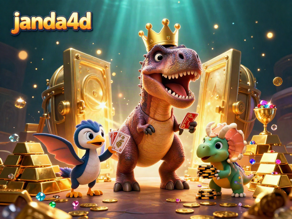 Menggali kesenangan permainan JANDA4D dengan T-Rex mengocok kartu, dibantu pterosaurus, dan triceratops menumpuk chip emas.