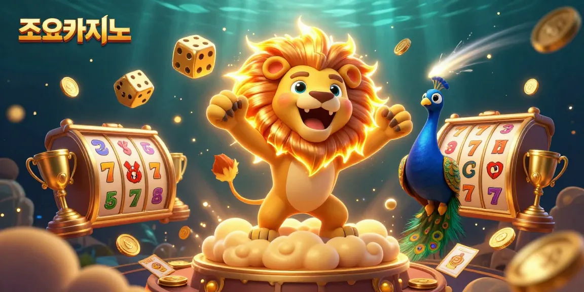 Experience the thrill of 조이카지노 with a vibrant 3D depicted lion, slot reels, and golden dice.