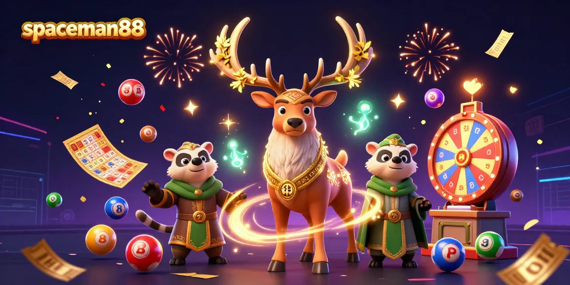 Spin to win at spaceman88 with vibrant lottery balls and magical creatures in an exciting casino scene.