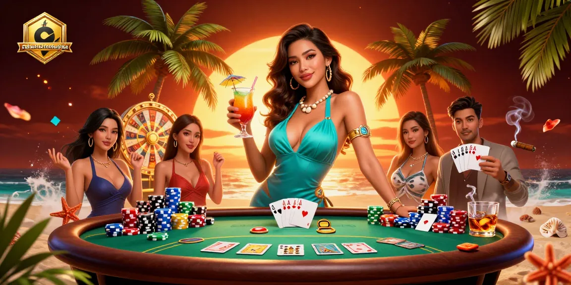 Play with reboottechnologies in a vibrant tropical casino scene, showcasing exciting poker elements.