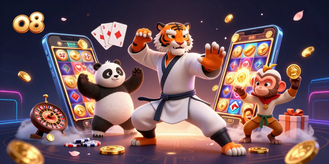 Engage in thrilling gameplay with o8 as the kung fu tiger master showcases impressive moves in a lively casino-themed scene.